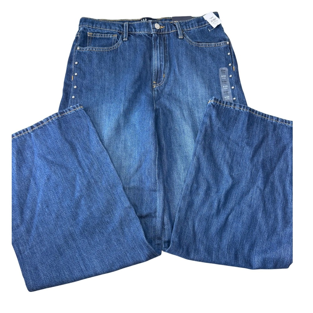 Gap Women High Rise Wide Leg Studded Denim Jeans Medium Wash 8/29L NEW